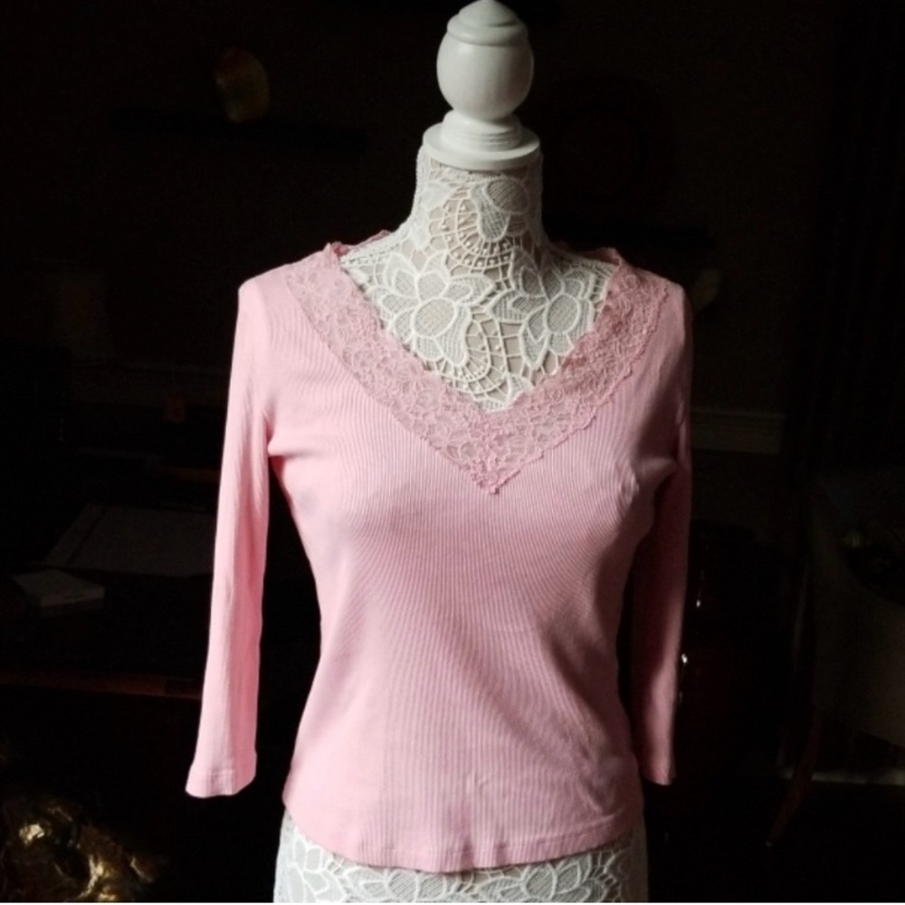 Vintage Y2K Ralph Lauren pink lace ribbed top L